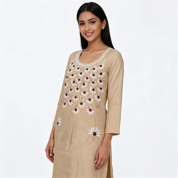 Beige_Cotton_Premium_Unstitched_Kurta_For_Women