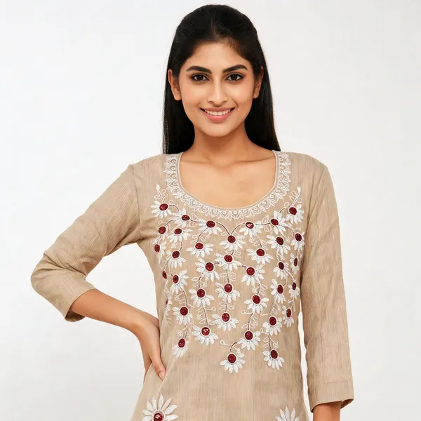 Beige_Cotton_Premium_Unstitched_Kurta_For_Women