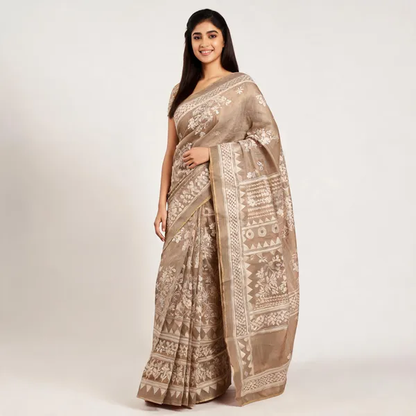 Beige_Chanderi_Silk_Premium_Floral_Print_Saree_For_Women