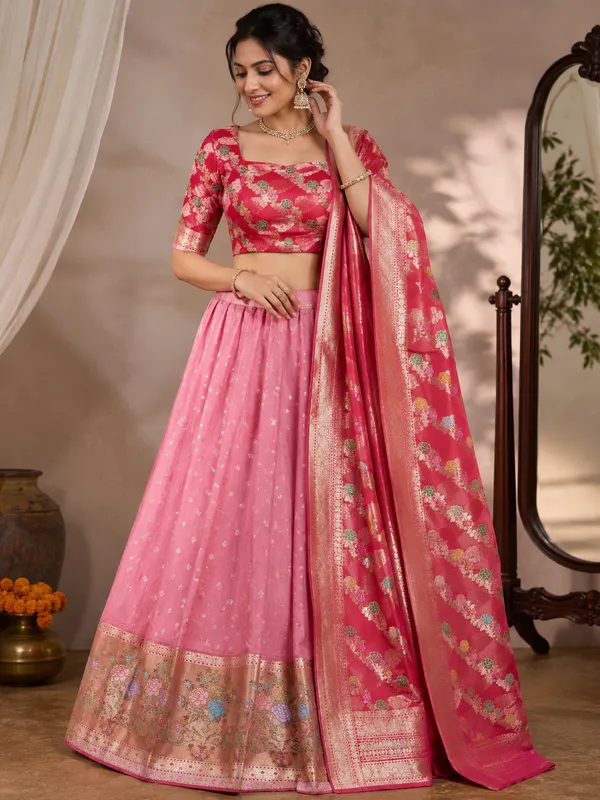 Light_Pink_Kota_Soft_Silk_Heavy_Border_3Pc_Weaving_Lehenga_Set_For_Women
