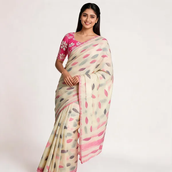 Off_White_And_Pink_Soft_And_Lightweight_Premium_Saree_With_Blouse_For_Women