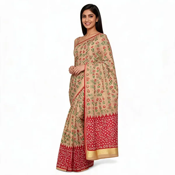 Beige_Cotton_Premium_Bandhani_Saree_For_Women