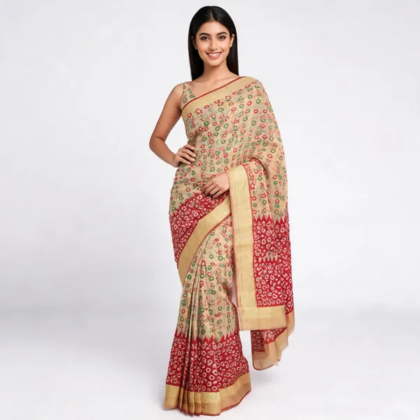 Beige_Cotton_Premium_Bandhani_Saree_For_Women