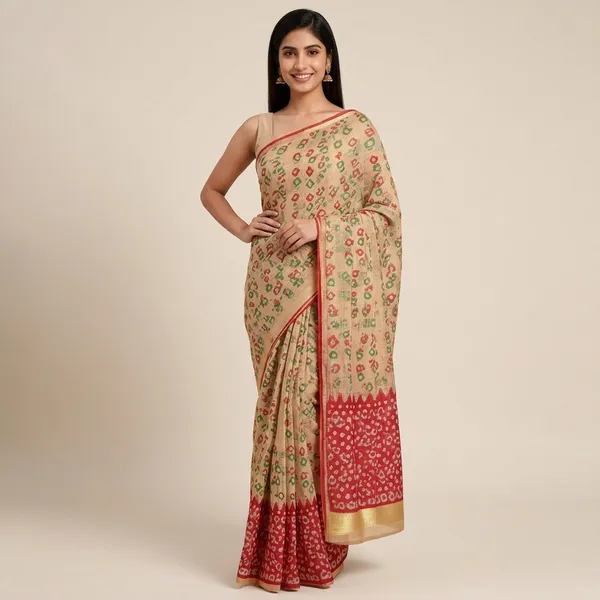 Beige_Cotton_Premium_Bandhani_Saree_For_Women