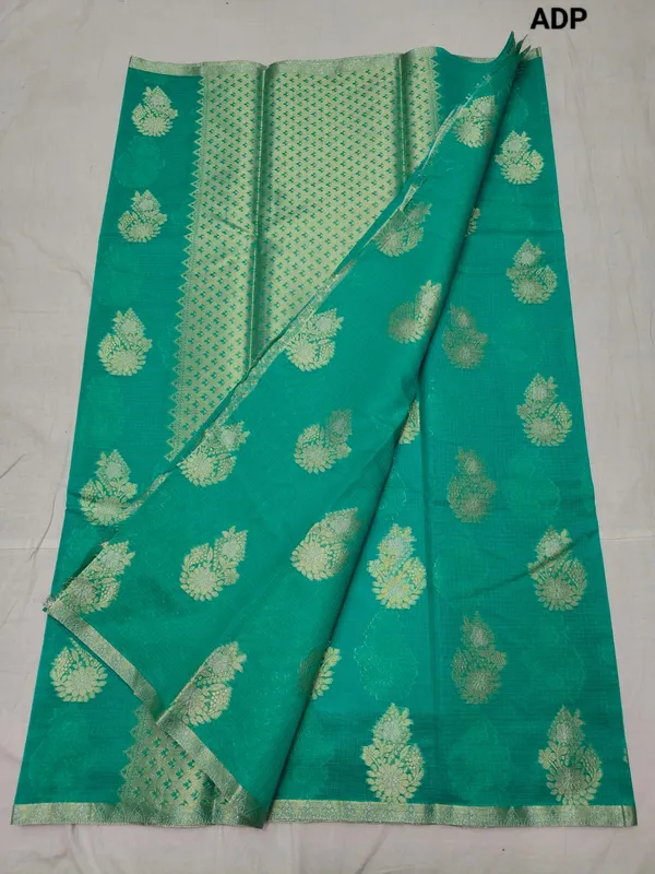 Mint_Green_Kota_Doriya_Cotton_Banarasi_Saree_With_Heavy_Blouse_For_Women