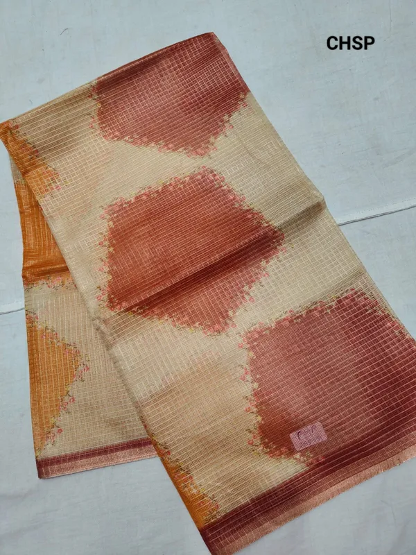 Light_Brown_Zari_Checks_Saree_With_Printed_Blouse_For_Women