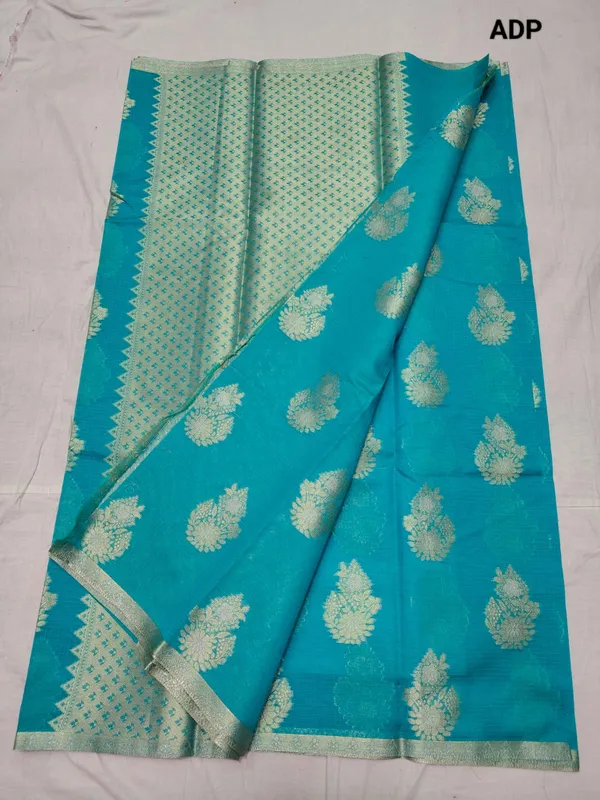 Mint_Blue_Kota_Doriya_Cotton_Banarasi_Saree_With_Heavy_Blouse_For_Women
