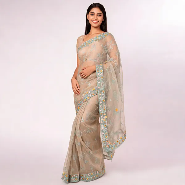 Beige_Organza_Premium_Saree_With_Blouse_For_Women