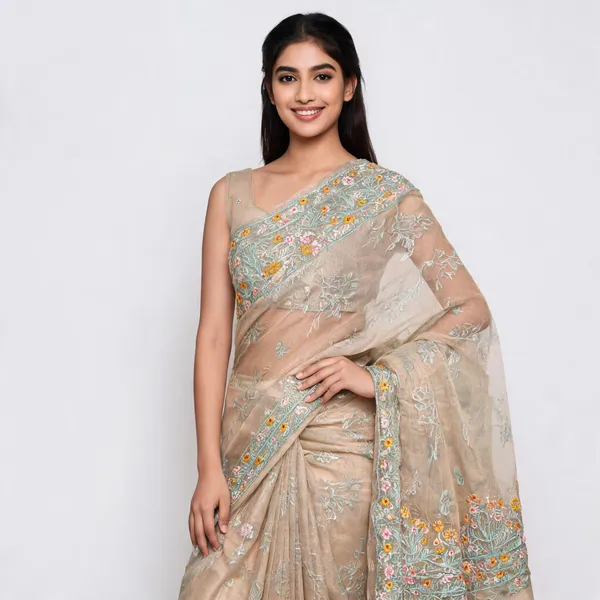 Beige_Organza_Premium_Saree_With_Blouse_For_Women