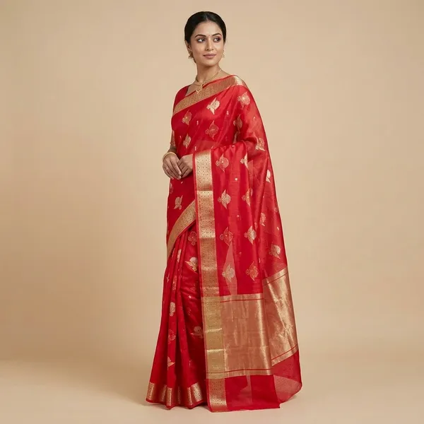 Red_Kota_Doria_Soft_Silk_Saree_With_Blouse_For_Women