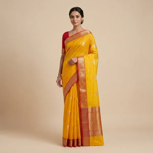 Yellow_Kota_Doria_Soft_Silk_Saree_With_Blouse_For_Women