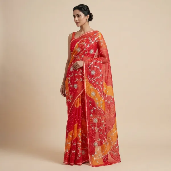 Red_Kota_Doria_Cotton_Saree_With_Blouse_For_Women