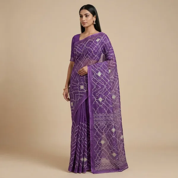 Purple_Kota_Doria_Cotton_Saree_With_Blouse_For_Women