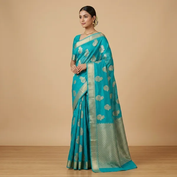Mint_Blue_Kota_Doriya_Cotton_Banarasi_Saree_With_Heavy_Blouse_For_Women