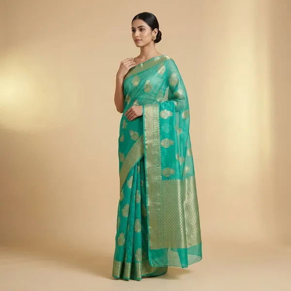 Mint_Green_Kota_Doriya_Cotton_Banarasi_Saree_With_Heavy_Blouse_For_Women