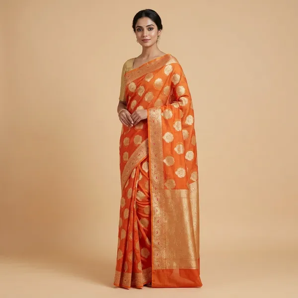 Saffron_Kota_Doriya_Cotton_Banarasi_Saree_With_Heavy_Blouse_For_Women