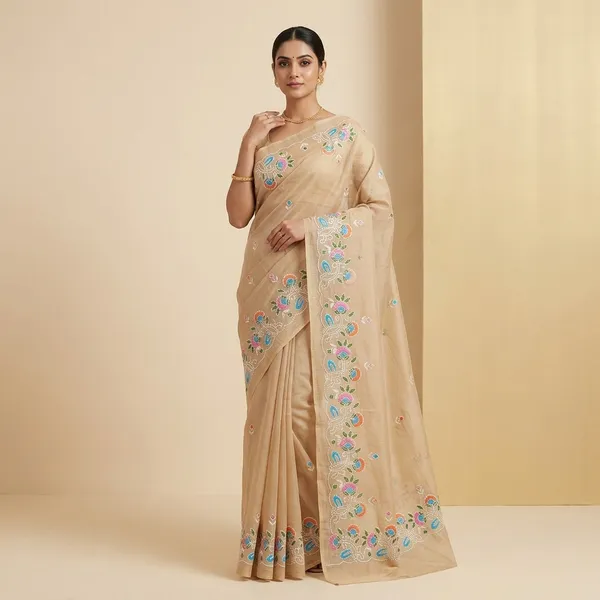 Dull_Brown_Kota_Doria_Cotton_Embroidery_Work_Saree_With_Blouse_For_Women