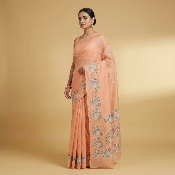 Peach_Kota_Doriya_Cotton_Embroidery_Work_Saree_With_Blouse_For_Women