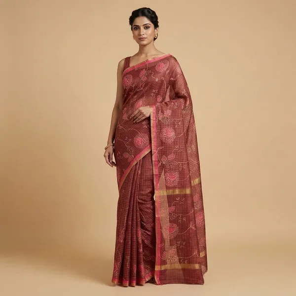 Red_Zari_Checks_Saree_With_Printed_Blouse_For_Women