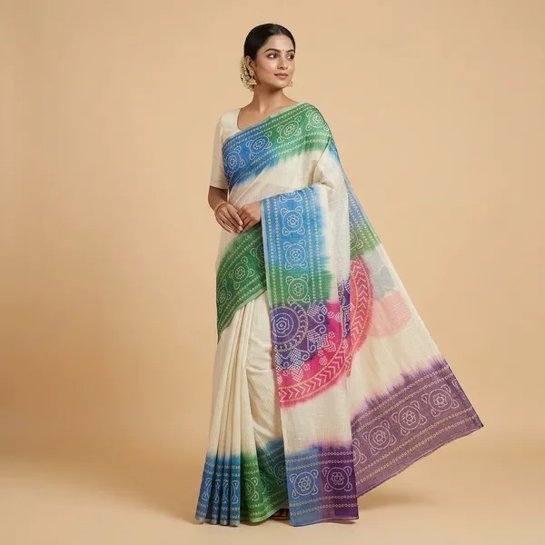 Cream_Zari_Checks_Saree_With_Printed_Blouse_For_Women