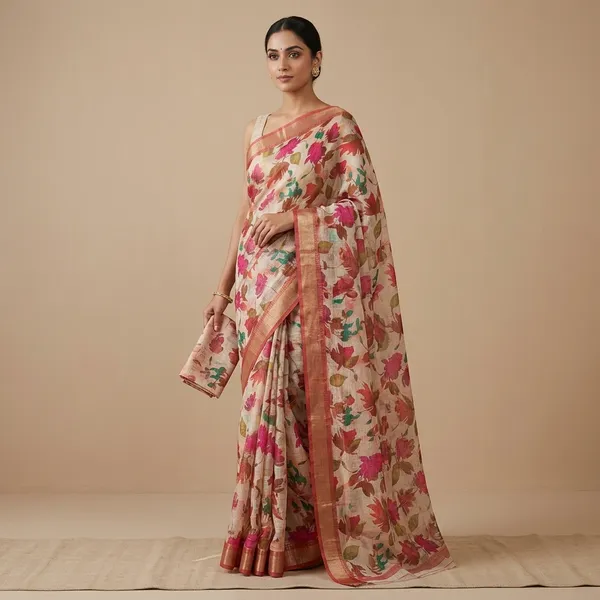 Light_Pink_Zari_Checks_Saree_With_Printed_Blouse_For_Women