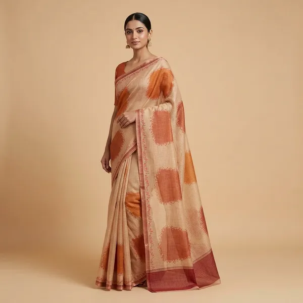 Light_Brown_Zari_Checks_Saree_With_Printed_Blouse_For_Women