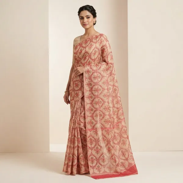 Cream_Zari_Checks_Saree_With_Printed_Blouse_For_Women