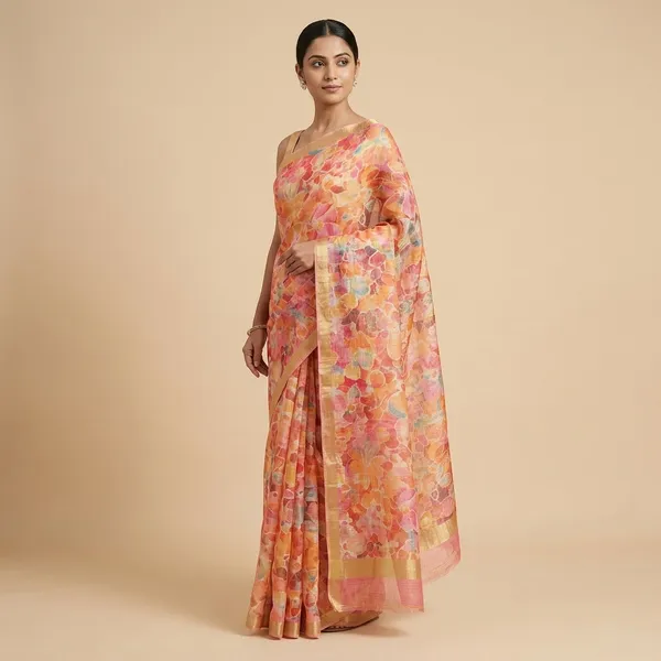 Dark_Pink_Zari_Checks_Saree_With_Printed_Blouse_For_Women