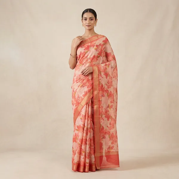Light_Pink_Zari_Checks_Saree_With_Printed_Blouse_For_Women