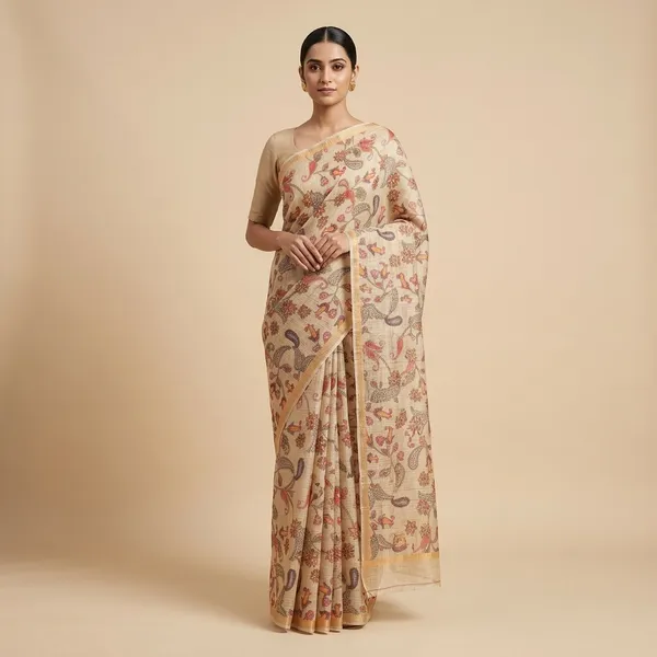 White_Zari_Checks_Saree_With_Printed_Blouse_For_Women
