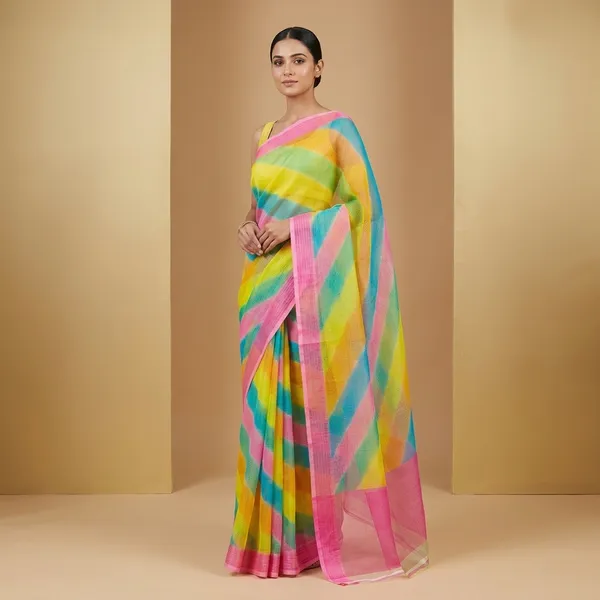 Yellow_Kota_Doria_Soft_Silk_Lehariya_Saree_With_Blouse_For_Women