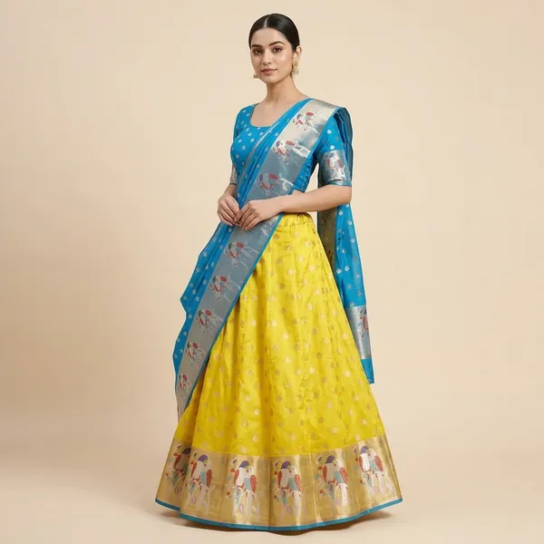 Light_Blue_Kota_Soft_Silk_Heavy_Border_3Pc_Weaving_Lehenga_Set_For_Women
