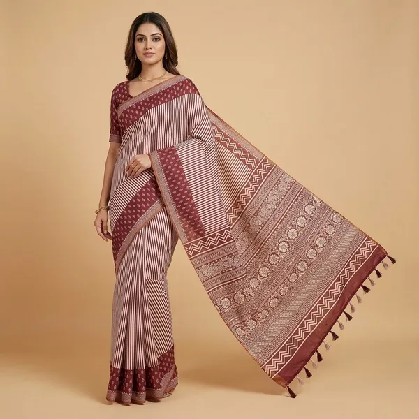 Skin_Kota_Doria_Soft_Silk_Saree_Zari_Printed_Pallu_With_Printed_Blouse_For_Women