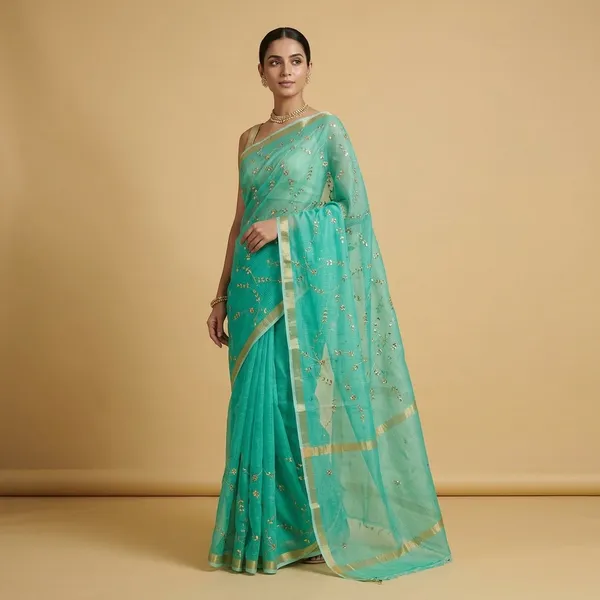 Green_Kota_Soft_Silk_Saree_With_Printed_Blouse_For_Women