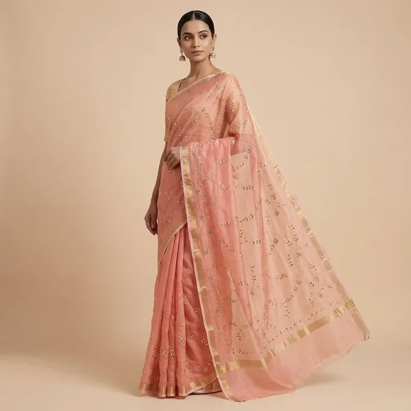 Peach_Kota_Soft_Silk_Saree_With_Printed_Blouse_For_Women