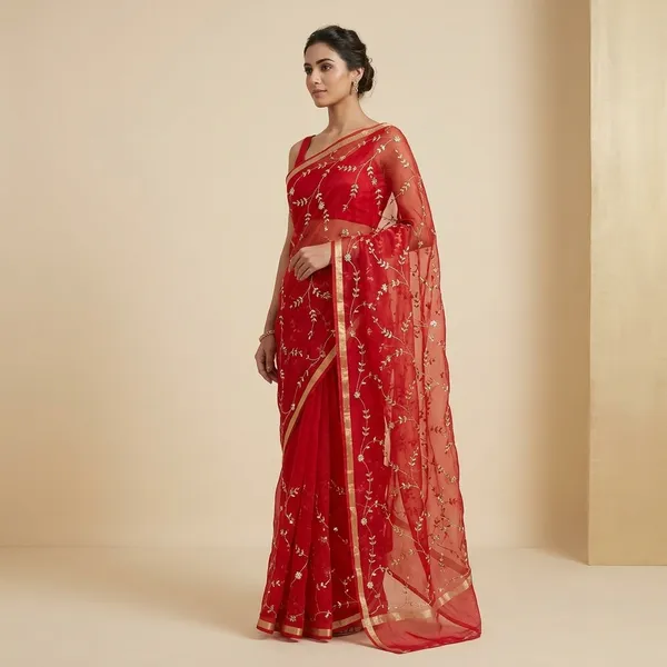 Red_Kota_Soft_Silk_Saree_With_Printed_Blouse_For_Women