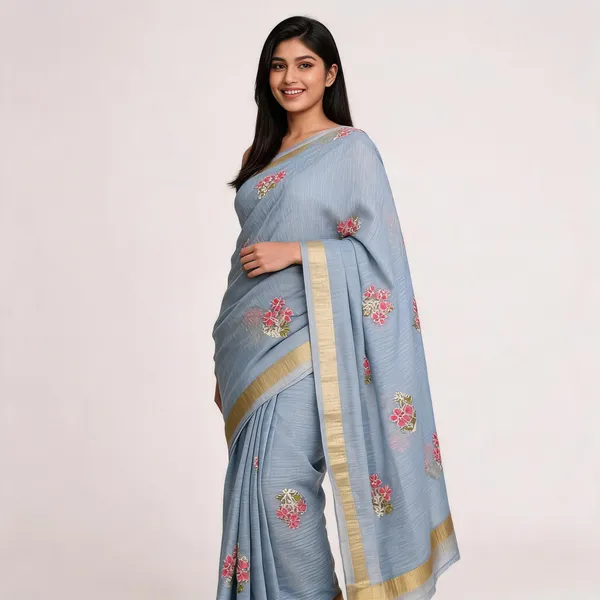 Sky_Blue_Textured_With_Ribbed_Weave_Premium_Embroidered_Saree_For_Women