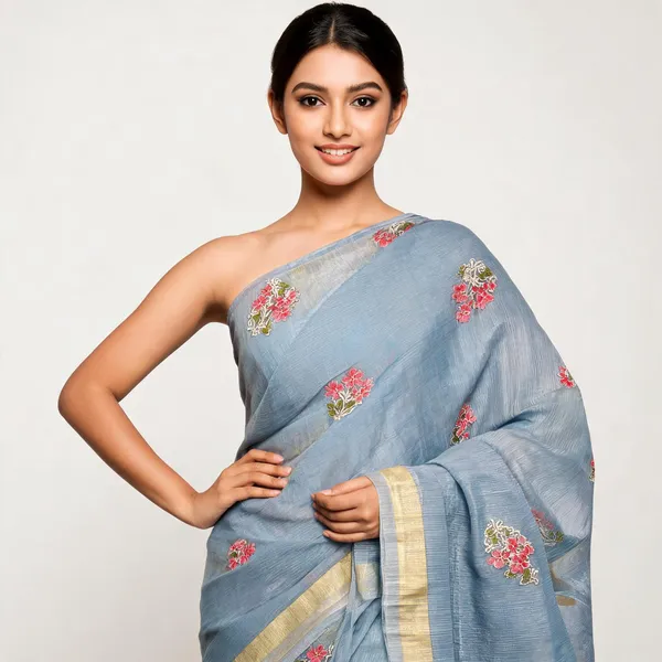 Sky_Blue_Textured_With_Ribbed_Weave_Premium_Embroidered_Saree_For_Women