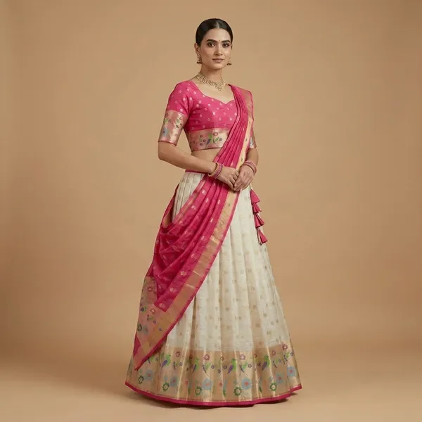 White_Kota_Soft_Silk_Heavy_Border_3Pc_Weaving_Lehenga_Set_For_Women