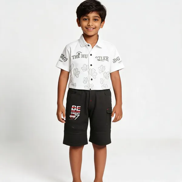 White_Black_Cotton_Casual_Shirt_And_Shorts_Set_For_Boys