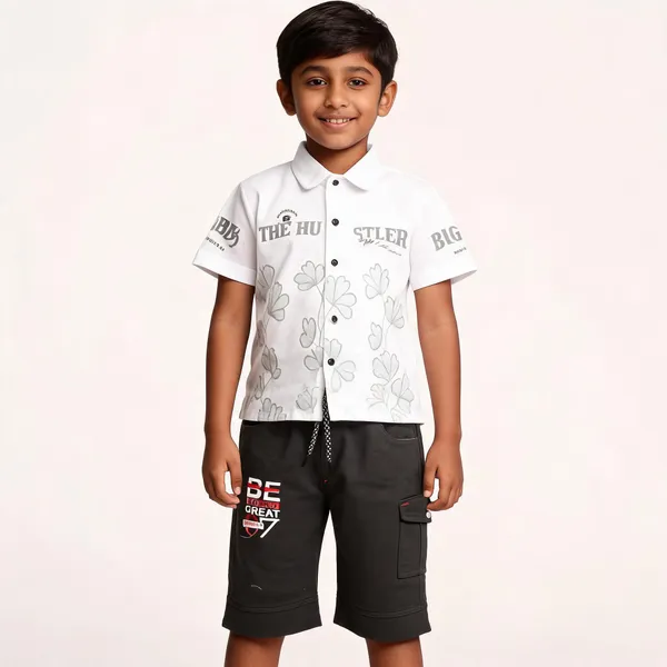 White_Black_Cotton_Casual_Shirt_And_Shorts_Set_For_Boys