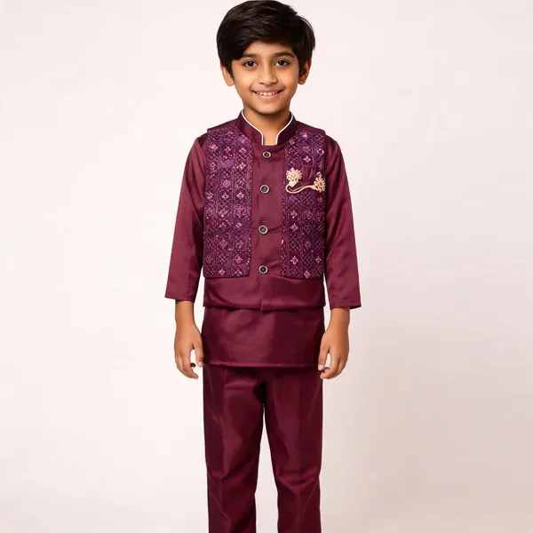 Maroon_Cotton_Embroidered_Waistcoat_Kurta_Set_For_Boys