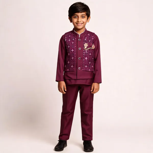 Maroon_Cotton_Embroidered_Waistcoat_Kurta_Set_For_Boys