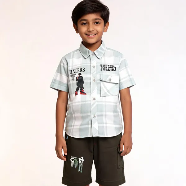 White_And_Black_Cotton_Checked_Shirt_And_Cargo_Shorts_Set_For_Boys