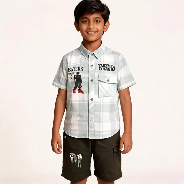 White_And_Black_Cotton_Checked_Shirt_And_Cargo_Shorts_Set_For_Boys