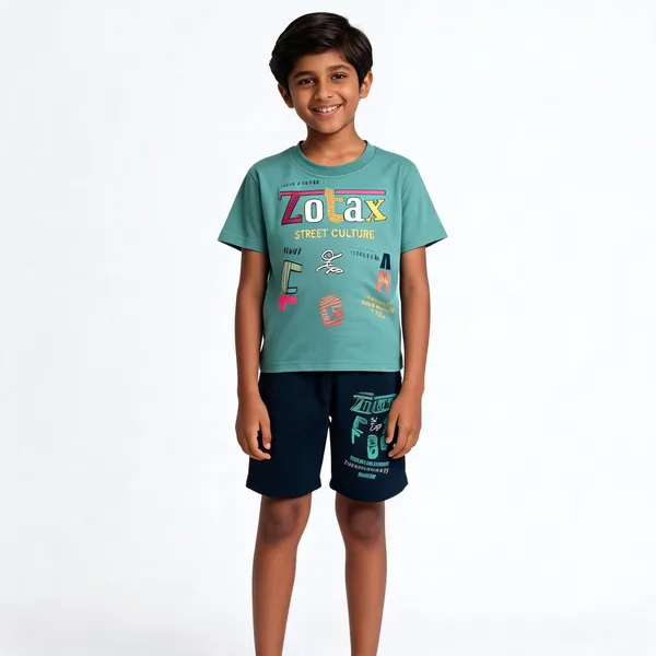 Teal_And_Navy_Cotton_Graphic_T-Shirt_&_Shorts_Set_For_Boys