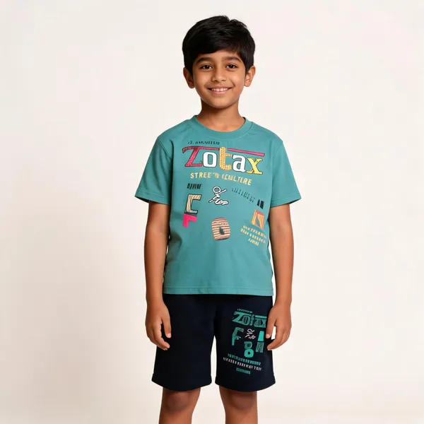 Teal_And_Navy_Cotton_Graphic_T-Shirt_&_Shorts_Set_For_Boys