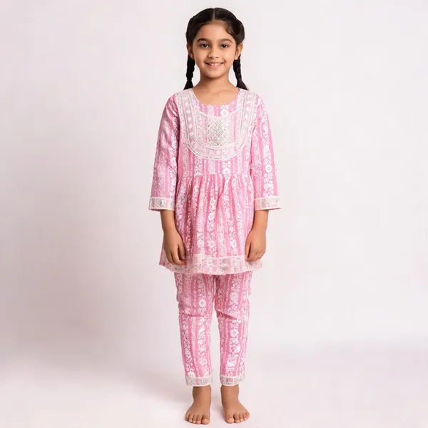 Pink_Cotton_Floral_Print_Ethnic_Kurta_Set_For_Girls