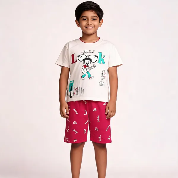 White_And_Pink_Cotton_Graphic_T-Shirt_&_Shorts_Set_For_Kids