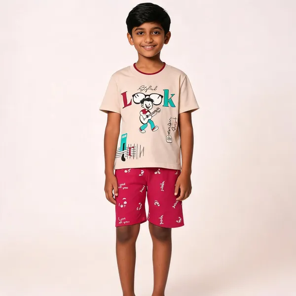 White_And_Pink_Cotton_Graphic_T-Shirt_&_Shorts_Set_For_Kids